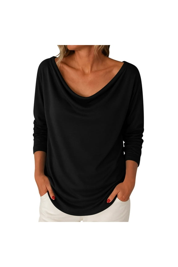 Women's Cowl Neck Ruched Tops Draped Front Long Sleeve Casual Loose Fit Solid Basic Shirts Fall Tunic Blouse