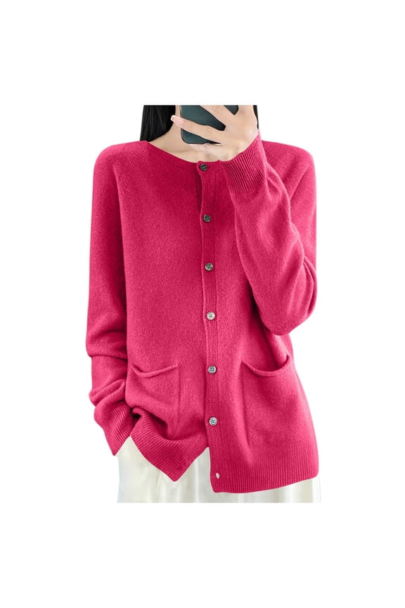 Women's Crew Neck Solid Warm Long Sleeve Sweater Single Breasted Knitted Jumper Cardigan