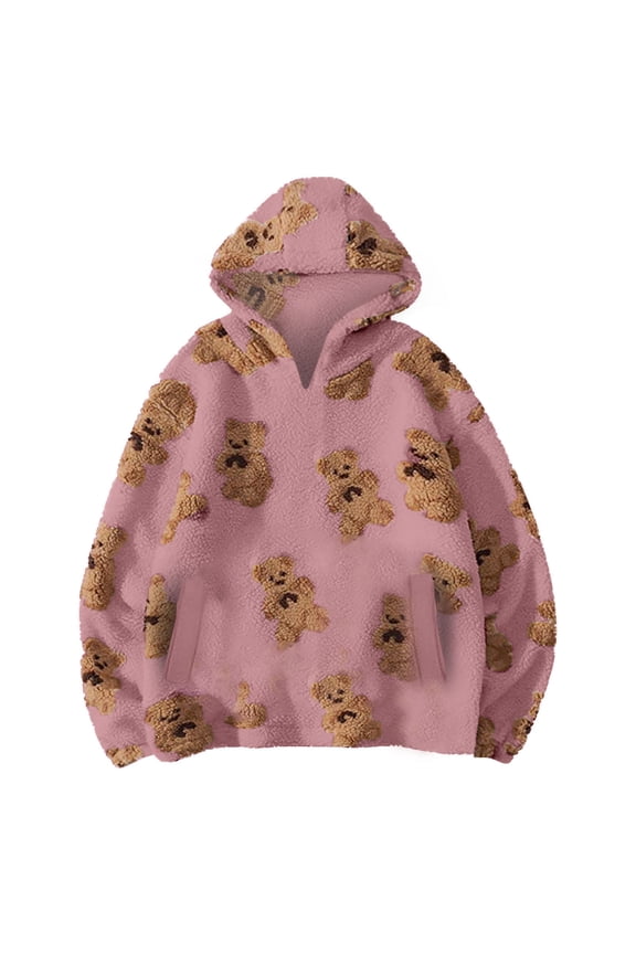 Women's Cute Bear Plush Tops Hoodie Pullover Soft Fluffy Plush Warm Sweatshirts Comfy Fuzzy Lounge Sleepwear