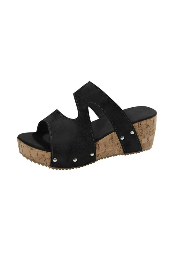 Women's Cutout Strap Wedge Slide Sandals Cork Studded Open Toe Slip On Comfortable Casual Summer Shoes