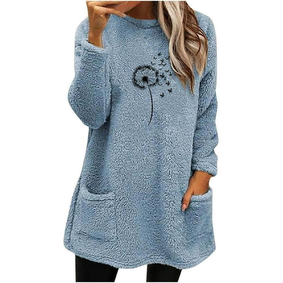 ShiShine Women's Dandelion Plush Crew Neck Sweatshirt - Pullover Loose Winter Soft Warm Casual Long Sleeve Thermal Tunic Tops