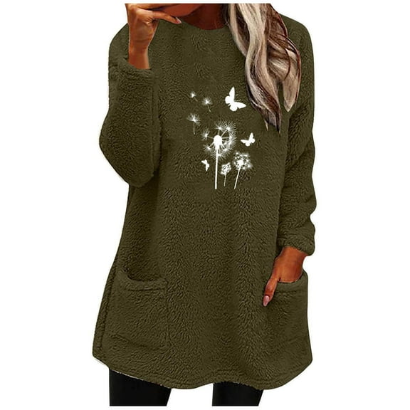 ShiShine Women's Dandelion Plush Crew Neck Sweatshirt - Pullover Loose Winter Soft Warm Casual Long Sleeve Tops