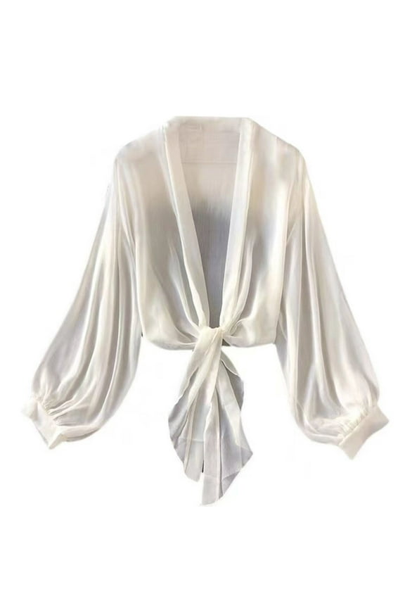 Women's Deep V Neck Long Sleeve Tie Front Knot Sexy Wrap Crop Top Blouse