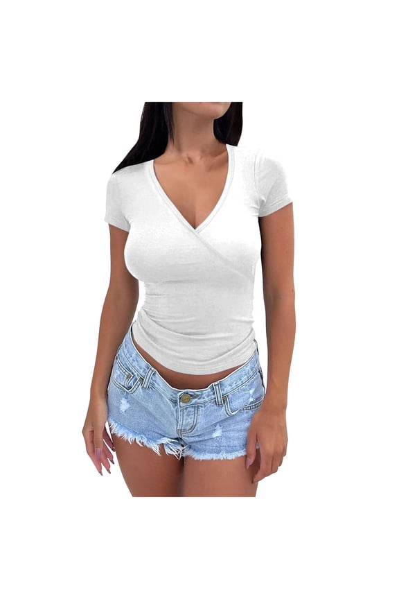 Women's Deep V Neck Slim Fitted T-Shirt Front Wrap Ruched Short Sleeve Tee Crop Tops
