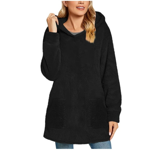 ShiShine Women's Double Fuzzy Oversized Hoodies Pullover Long Sleeve Hip Length Pocket Hoodie For Fall Winter 2025 Casual