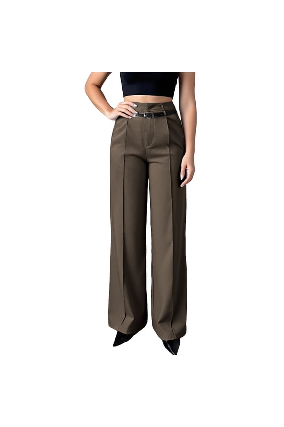 Women's Dress Pants Business Working Front Stripe Straight Long Pant with Belt Fashion Barrel Trousers