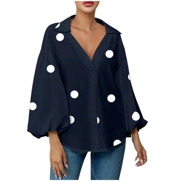ShiShine Women's Elegant Polka Dot Print Tops Cute Puff Sleeve Collared Formal Shirts Dressy Casual V Neck Work Vacation Blouses