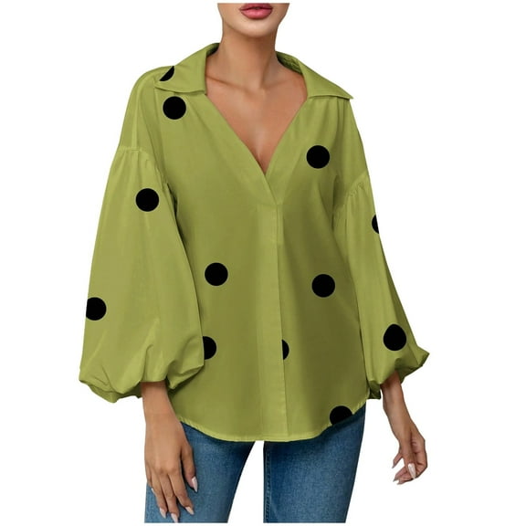 ShiShine Women's Elegant Polka Dot Print Tops Cute Puff Sleeve Collared Formal Shirts Dressy Casual V Neck Work Vacation Blouses
