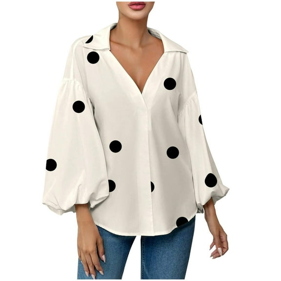 ShiShine Women's Elegant Polka Dot Print Tops Cute Puff Sleeve Collared Formal Shirts Dressy Casual V Neck Work Vacation Blouses
