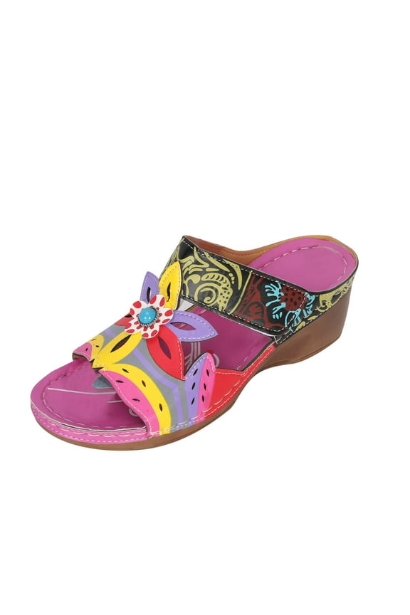 Women's Floral Cutout Wedge Sandals, Hand-Painted Slide Mules for Festival Vacation