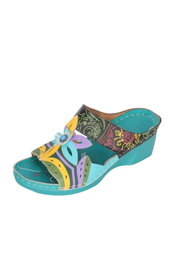 Women's Floral Cutout Wedge Sandals, Hand-Painted Slide Mules for Festival Vacation