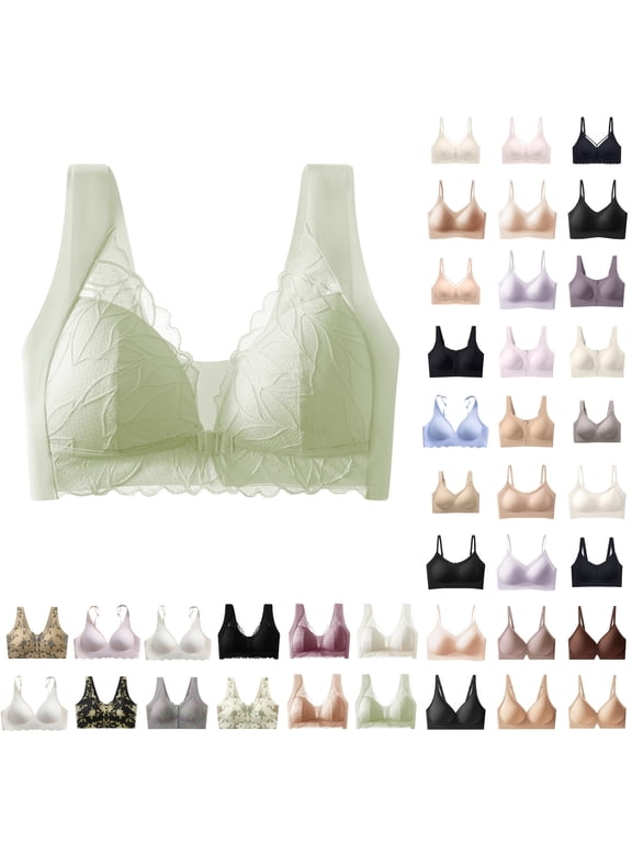 Women's Front Closure Wireless Push Up Bra Solid Color Breathable Lace Patchwork Comfortable Everyday Underwear