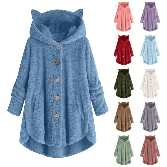 ShiShine Women's Fuzzy Cat Ear Hooded Coat Casual Button Down Long Sleeve Oversized Sherpa Jacket with Pockets for Winter