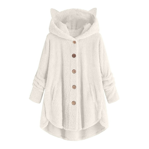 ShiShine Women's Fuzzy Cat Ear Hooded Coat Casual Button Down Long Sleeve Oversized Sherpa Jacket with Pockets for Winter