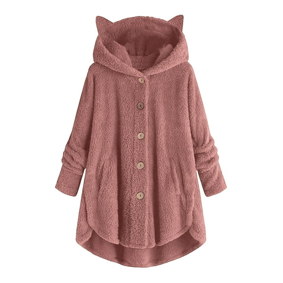ShiShine Women's Fuzzy Cat Ear Hooded Coat Casual Button Down Long Sleeve Oversized Sherpa Jacket with Pockets for Winter