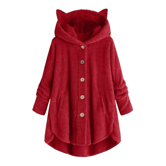 ShiShine Women's Fuzzy Cat Ear Hooded Coat Casual Button Down Long Sleeve Oversized Sherpa Jacket with Pockets for Winter
