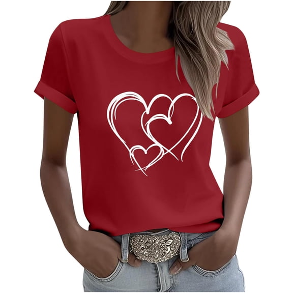 ShiShine Women's Heart Printed Tee Valentine's Day Short Sleeve Vacation T Shirts Crewneck Casual Comfort Pullover