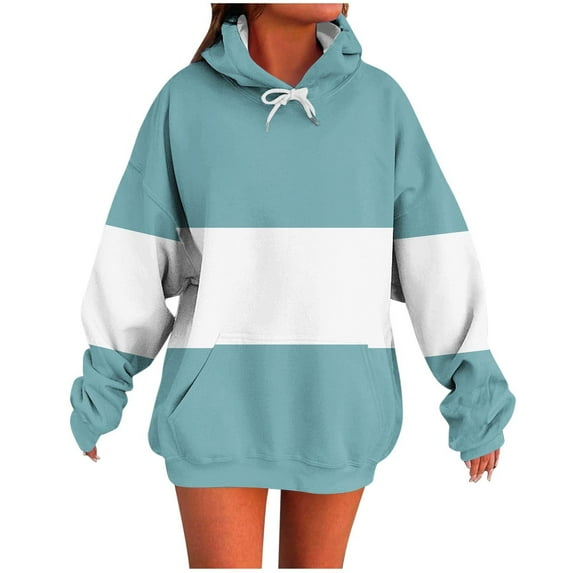 ShiShine Women's Hoodies Drawstring Crew Neck Color Block Blouses Sweatshirts Long Sleeved Tops Fall Clothes
