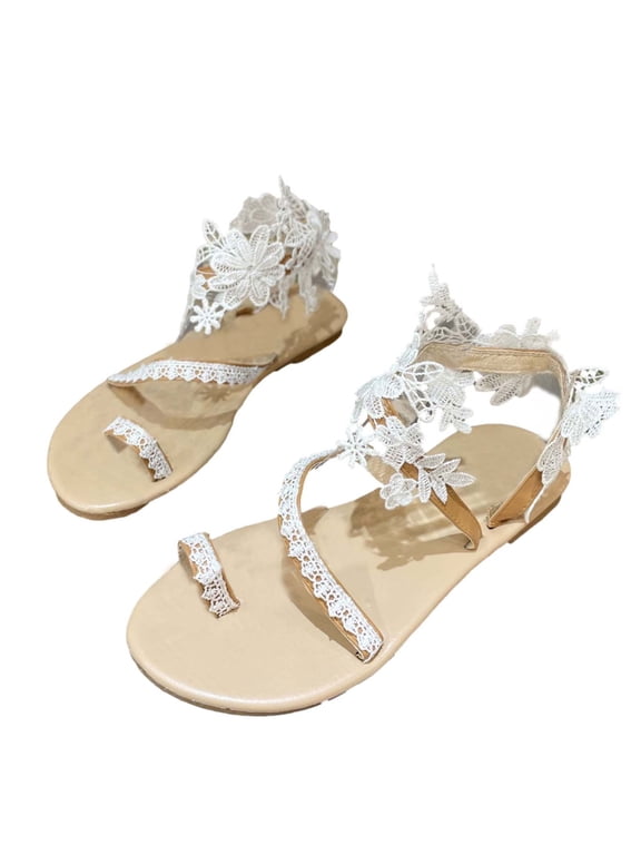 Women's Lace Floral Gladiator Sandals, Toe Ring Flat Wedding Sandals for Summer Vacation