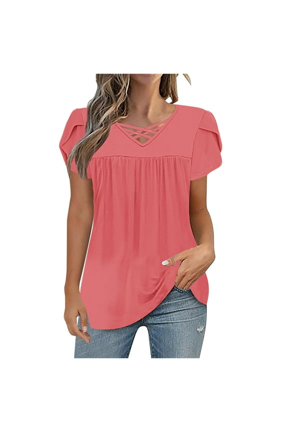 Women’s Lace Up V Neck T-Shirt Casual Short Sleeve Tunic Tees Loose Fit Summer Blouse Tops