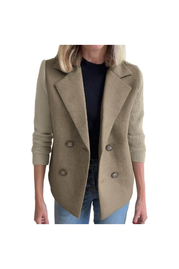 Women's Lapel Button Knitted Patchwork Sleeve Casual Coat Cropped Sweater Blazer Patchwork Jacket Business Work Coats