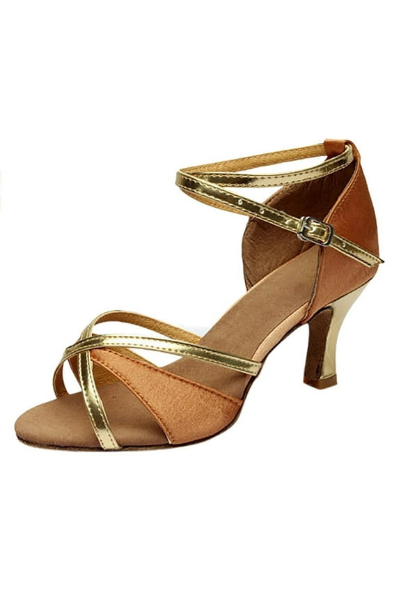 Women's Latin Dance Shoes Black Satin Gold Strappy High Heels Adjustable Ankle Buckle Non Slip Sole for Ballroom Performance