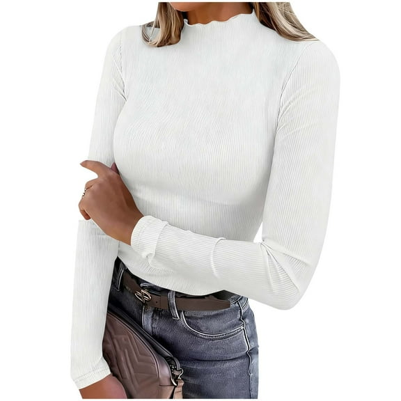 ShiShine Women's Lettuce Trim Mock Neck Long Sleeve Tops 2025 Casual Dressy Ribbed Knit Slim Fit Tee Shirt