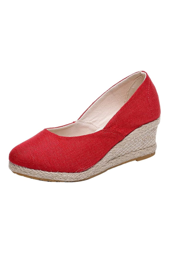 Women's Linen Espadrille Wedge Pumps, Round Toe Comfort Slip-On Sandals for Casual Daily Commute