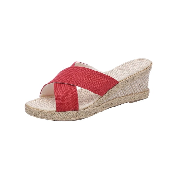 ShiShine Women's Linen Wedge Slide Sandals, Cross Strap Espadrille Platform Slides for Summer Beach