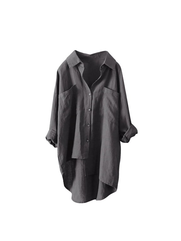 Women's Long Sleeve Shirts Button Down V Neck Solid Color Blouse Tunic High Low Hem Tops