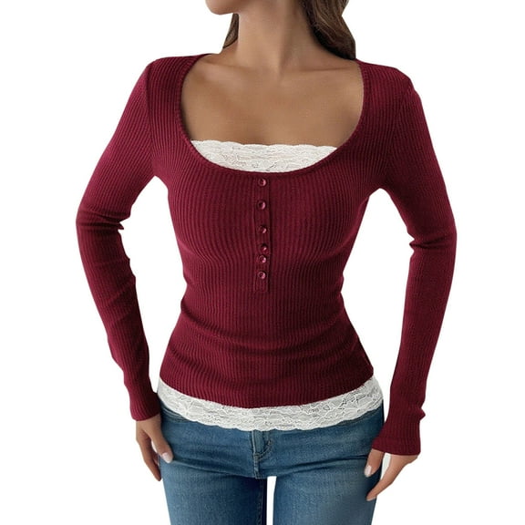 ShiShine Women's Long Sleeve Shirts Lace Trim Scoop Neck Casual Fall Henley Top Button Down Blouses Basic Ribbed Knit T Shirts