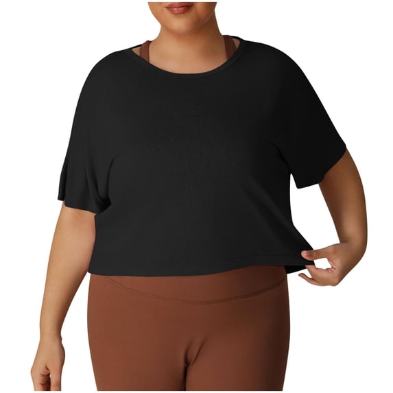ShiShine Women's Open Back Workout Tops Oversized Athletic Shirts Plus Size Casual Crop Running Tee Yoga Tops