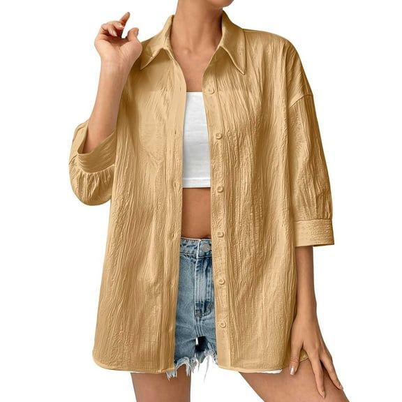 ShiShine Women's Oversized Long Sleeve Button Down Shirts Blouses Tops Collared Fall Tunics