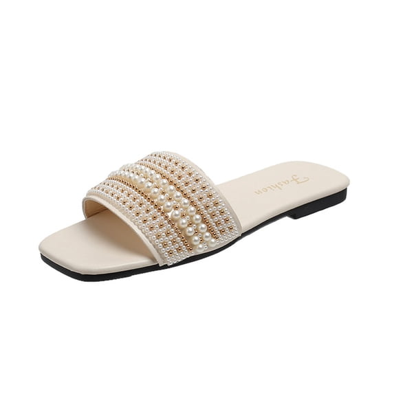 ShiShine Women's Pearl Decor Square Toe Sandals Open Toe Flat Slip On Slides Sandals