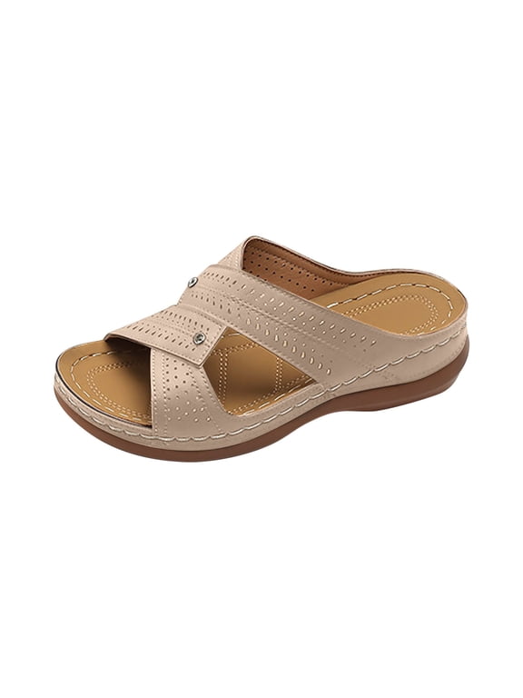 Women's Perforated Cross Band Slide Sandals, Arch Support Low Wedge Mules for Daily Walking