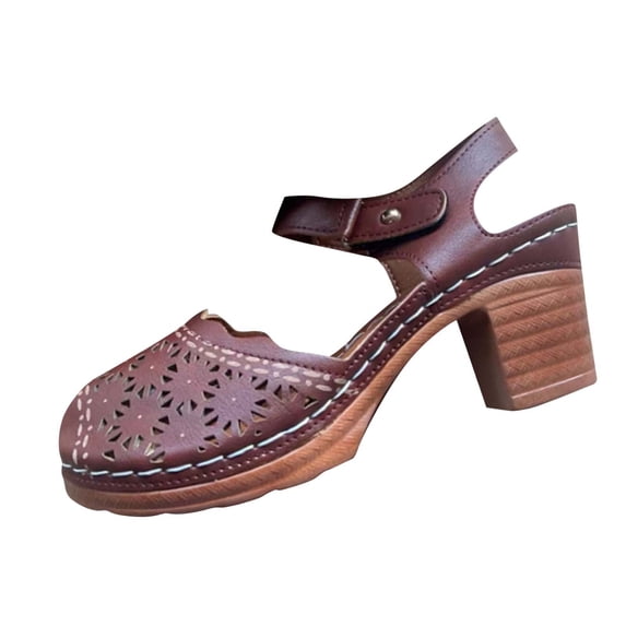 ShiShine Women's Perforated Hollow Closed Toe Heeled Sandals Casual Ankle Strap Block Heel Sandals