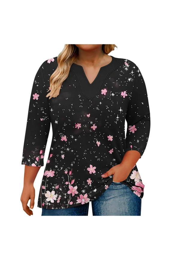 Women's Plus Size 3/4 Length Sleeves Tops Casual Blouse Floral Tunic V Neck Long Sleeve T Shirt