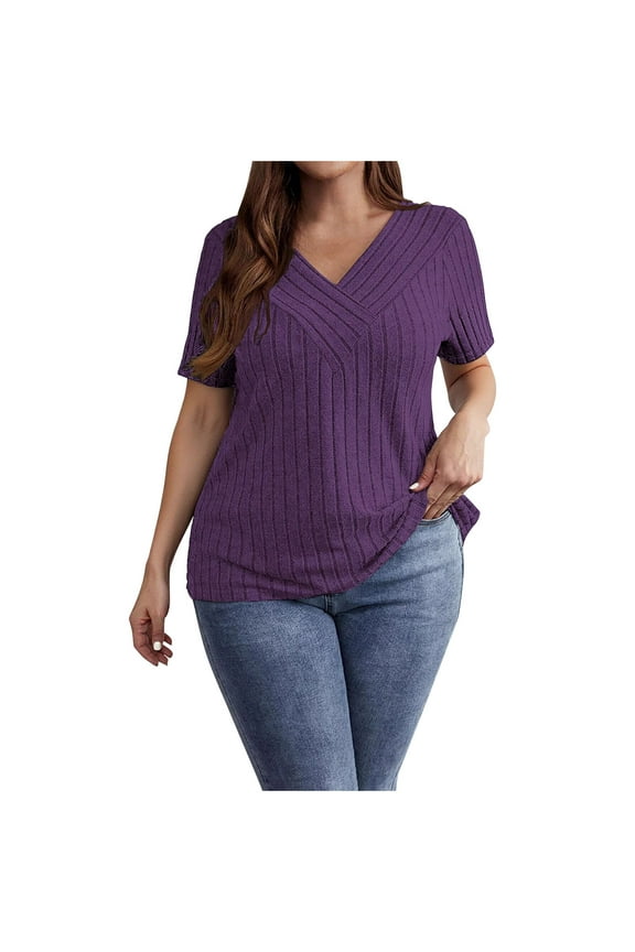 Women's Plus Size Casual Tops V Neck Solid Color Shirts Lightweight Short Sleeve Blouses