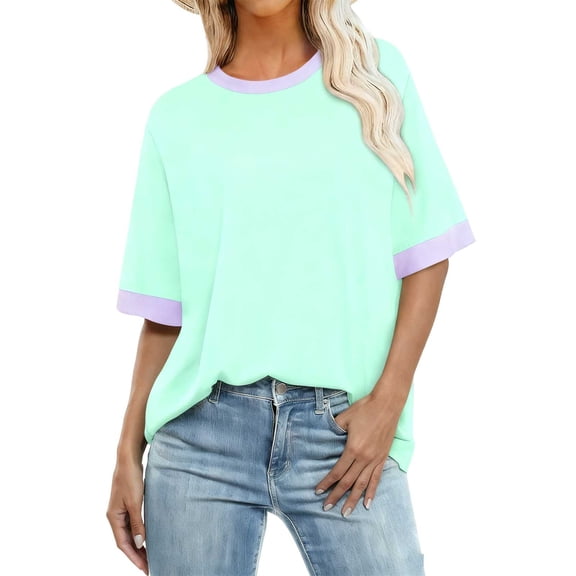 ShiShine Women's Plus Size Short Sleeves Crew Neck Shirts Summer Dressy Color Block Casual Fashion Tops