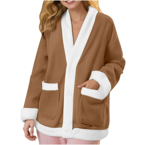 ShiShine Women's Plush Fuzzy Jacket Pajama Tops V-Neck Button Down Sleepwear Long Sleeve Plush Warm Winter Coat with Pockets