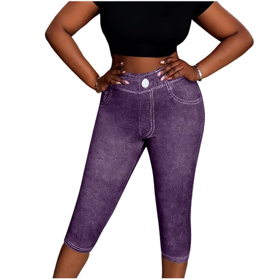 ShiShine Women's Pull On Faux Jean Capris Elastic Waist Comfortable Soft Faux Denim Capri Tummy Control Slim Stretch Pants