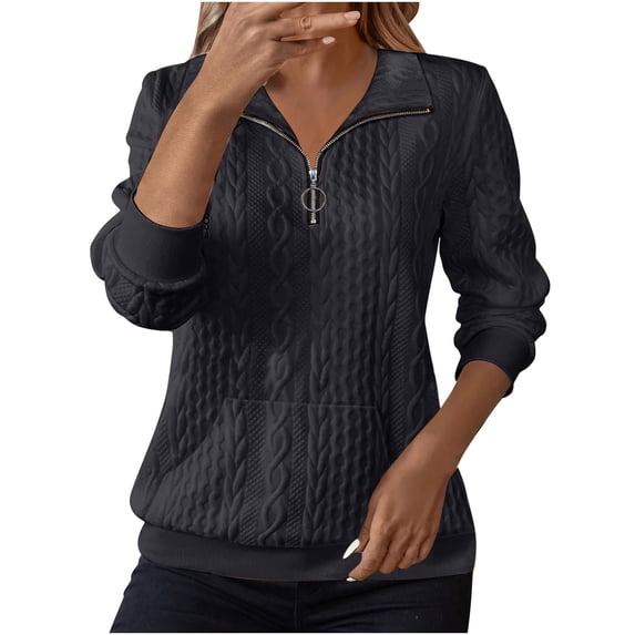 ShiShine Women's Quarter Zip Collared Textured Sweatshirt - 2025 Fall Trendy Cable Knit Long Sleeve Pullover with Pocket