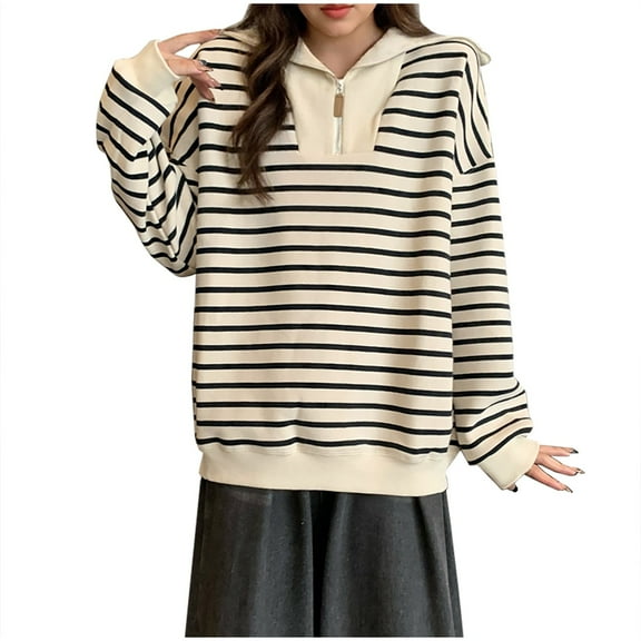 ShiShine Women's Quarter Zip Striped Oversized Sweater 2025 Mock Turtleneck Fall Fashion Outfit