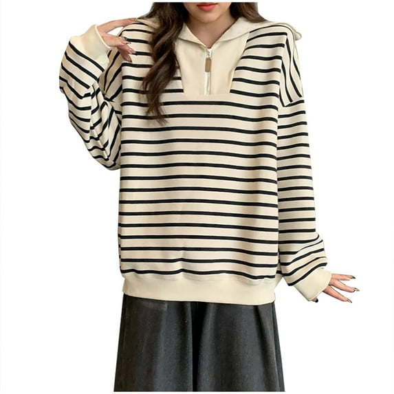 ShiShine Women's Quarter Zip Striped Oversized Sweater 2025 Mock Turtleneck Fall Fashion Outfit