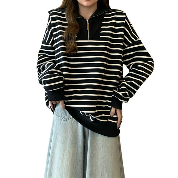 ShiShine Women's Quarter Zip Striped Oversized Sweater 2025 Mock Turtleneck Fall Fashion Outfit