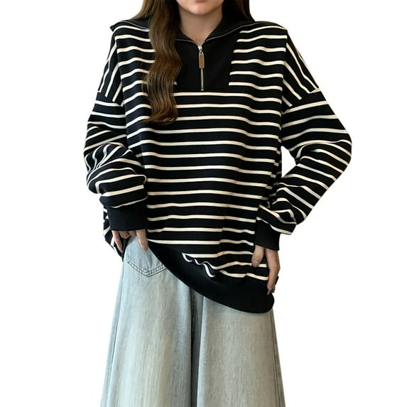 ShiShine Women's Quarter Zip Striped Oversized Sweater 2025 Mock Turtleneck Fall Fashion Outfit