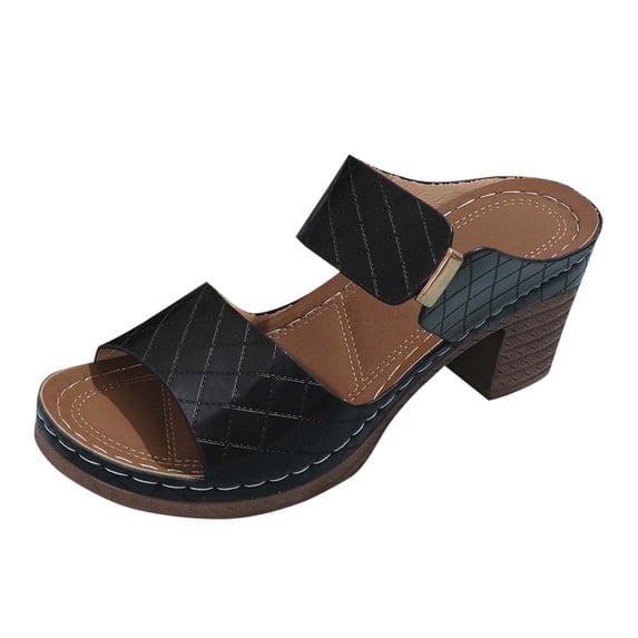 ShiShine Women's Quilted Strap Block Heel Slide Sandals Casual Comfort Summer Everyday Office Dress Shoes