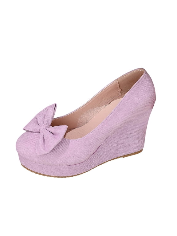 Women's Round Toe Wedge Platform High Heel Pumps Bows Cute Shoes