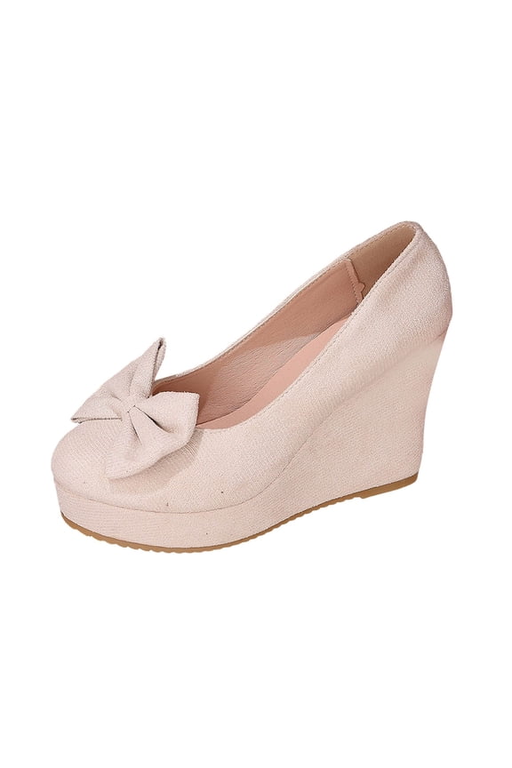 Women's Round Toe Wedge Platform High Heel Pumps Bows Cute Shoes