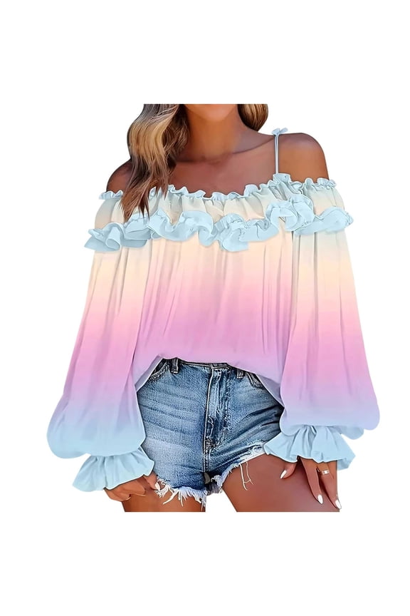 Women's Ruffle Trim Off Shoulder Tops Gradient Color Puff Long Sleeves Casual Loose Blouse Shirts